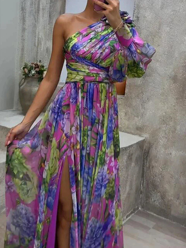 Lilac - Lilas côté impression fente une manche Sexy Maxi Robe