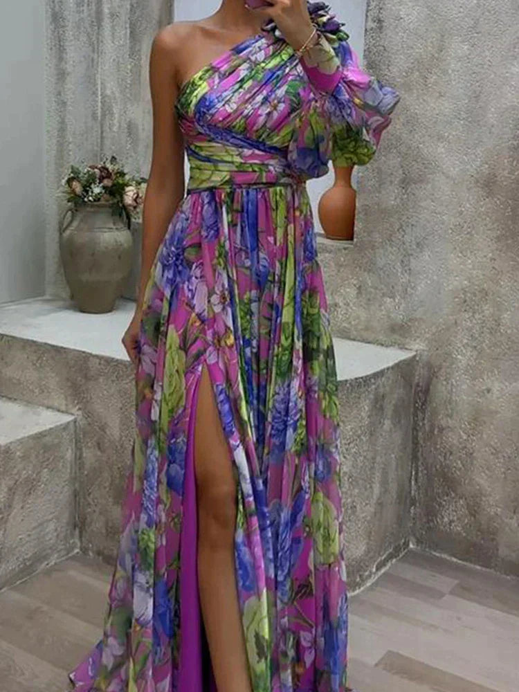 Lilac - Lilas côté impression fente une manche Sexy Maxi Robe