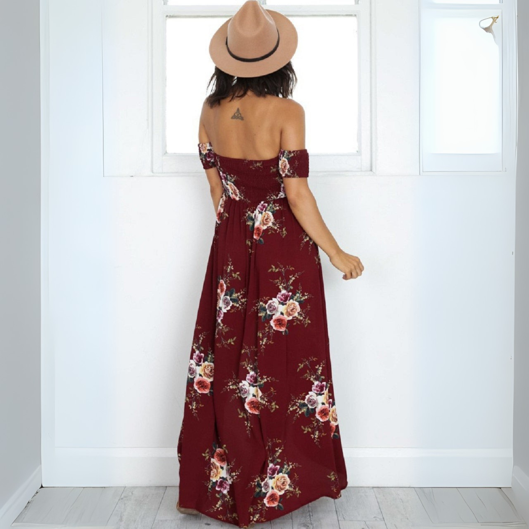 Lina - Élégante robe maxi Off-shoulder avec Imprimé Floral et Fente