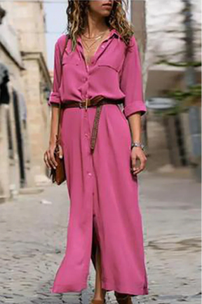 Cattleya - Robe-Chemise Fluide Rose avec Ceinture Tressée et Manches Longues