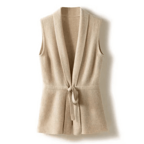 Sarah - Gilet Sans Manches Beige avec Ceinture pour Élégance Minimaliste