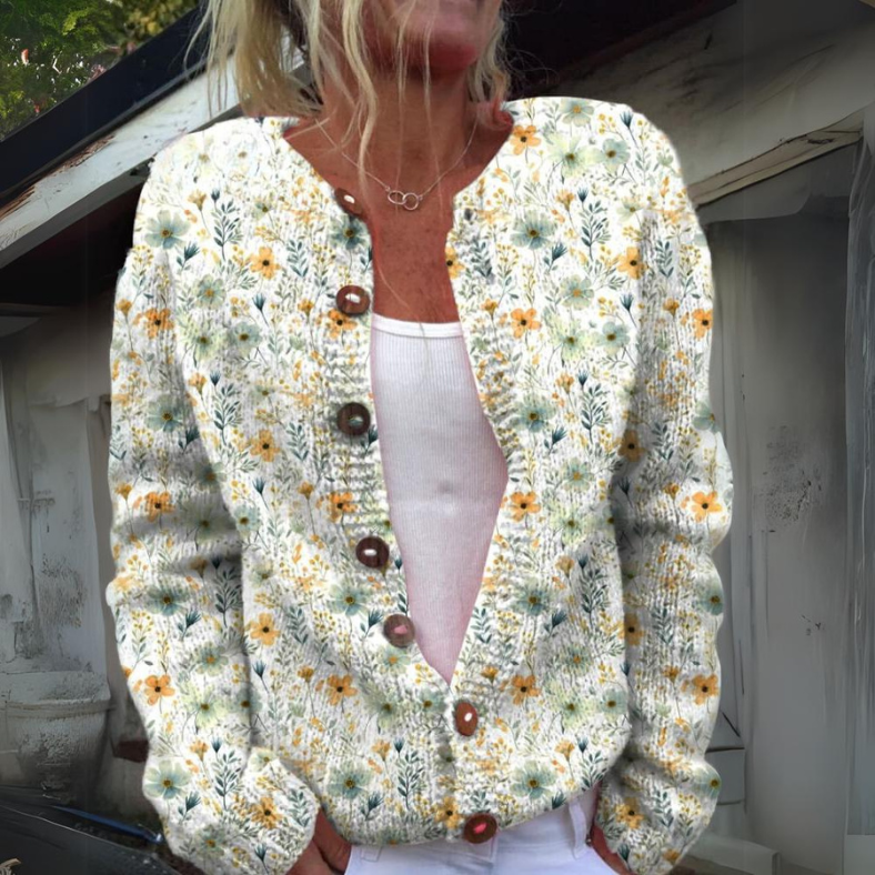 Fleur - Cardigan en maille à motifs floraux et boutons en bois