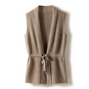 Sarah - Gilet Sans Manches Beige avec Ceinture pour Élégance Minimaliste