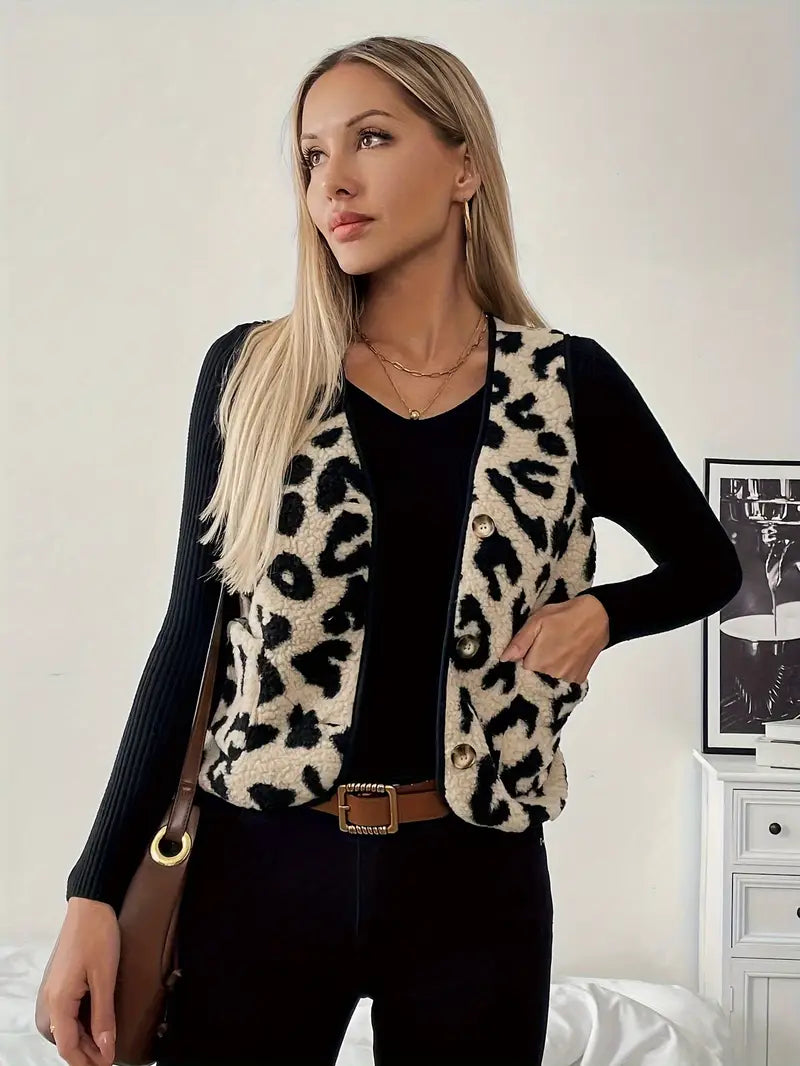 Léa - Gilet sans manches doux et stylé, motif léopard tendance