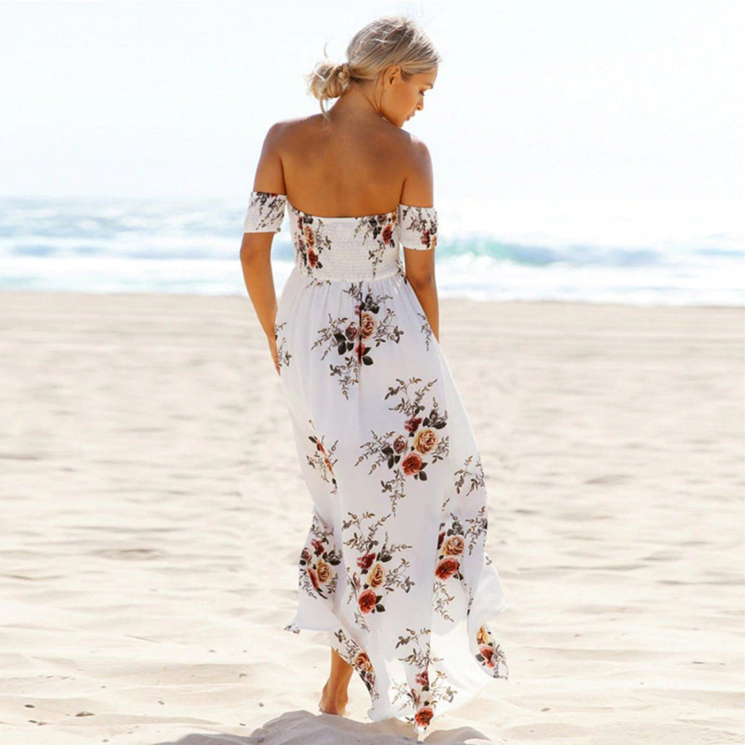 Lina - Élégante robe maxi Off-shoulder avec Imprimé Floral et Fente