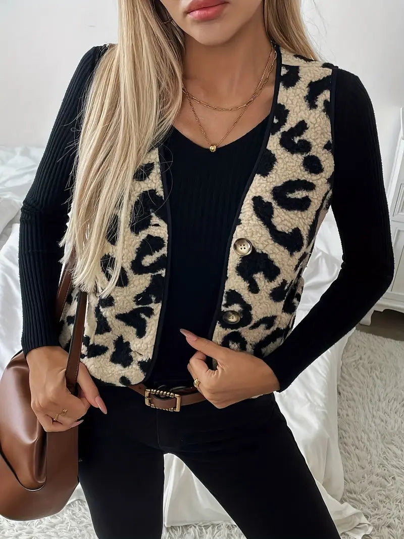 Léa - Gilet sans manches doux et stylé, motif léopard tendance