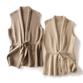 Sarah - Gilet Sans Manches Beige avec Ceinture pour Élégance Minimaliste