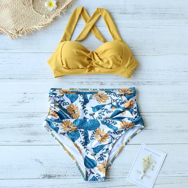 Ellan - Bikini taille haute élégant avec imprimé floral et haut croisé