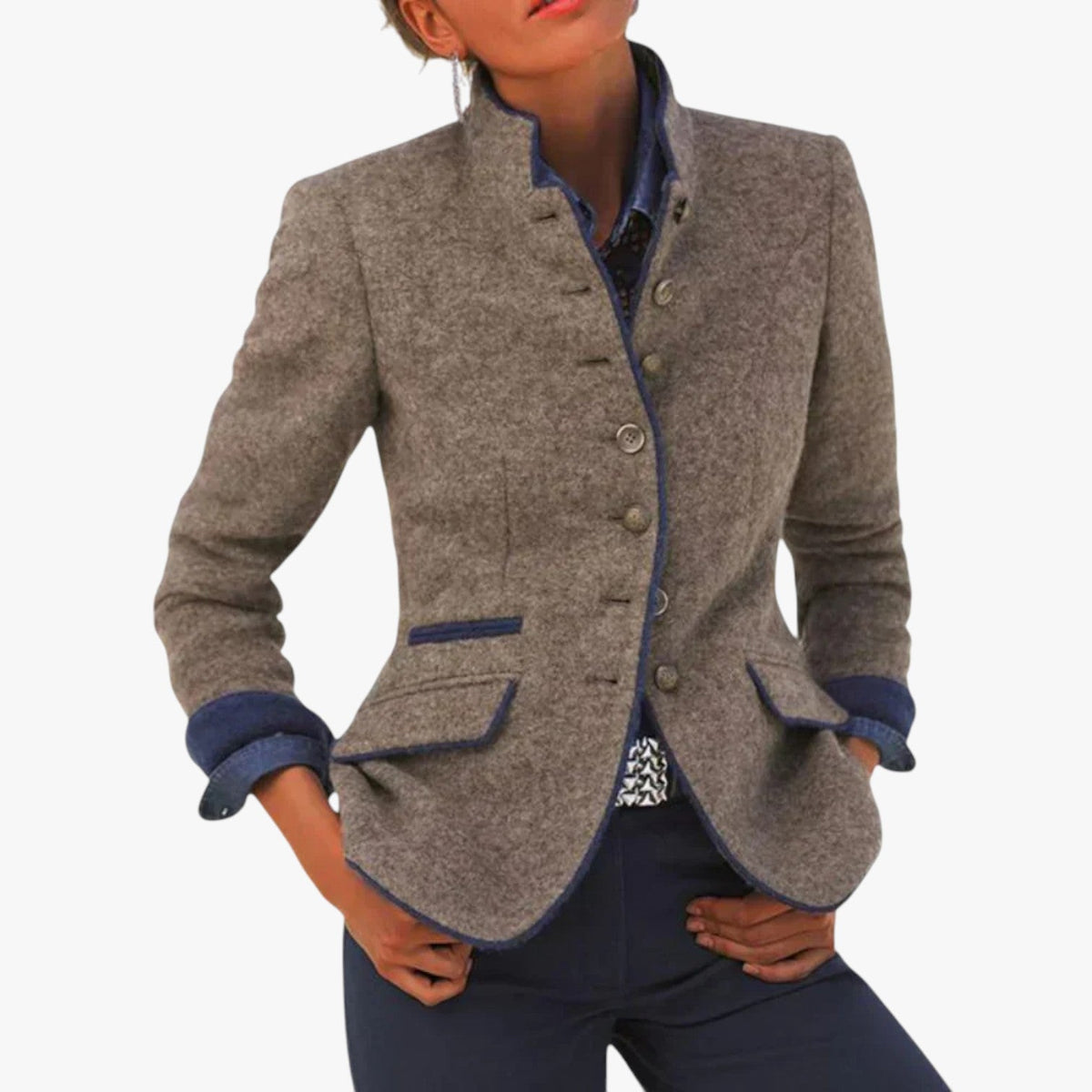 Elyva - Blazer en Laine avec Col Montant et Détails Contrastés pour Femme