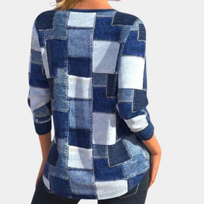 Olivia – Haut décontracté à fermeture éclair, imprimé denim patchwork tendance