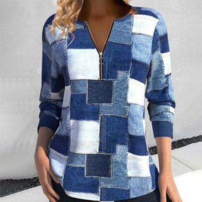 Olivia – Haut décontracté à fermeture éclair, imprimé denim patchwork tendance