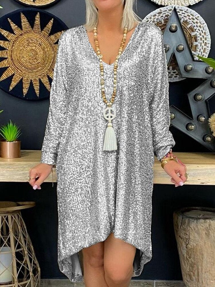 Rhea – Robe de Cocktail Glamour à Paillettes et Manches Longues