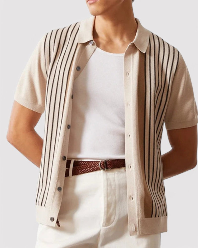 Adam – Chemise en maille Vintage, Boutonnée avec motif rayé Elégant