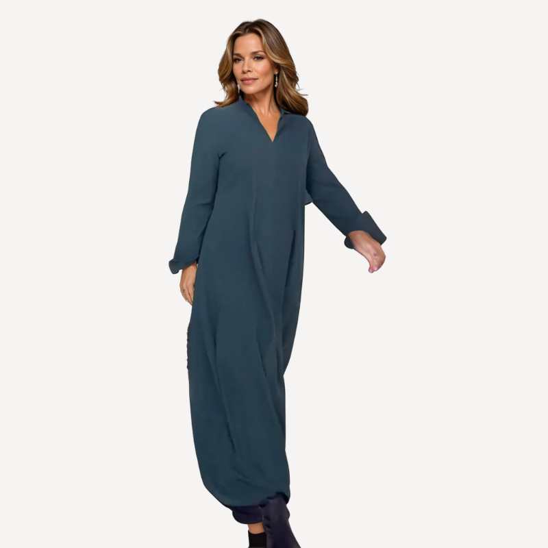 Evia - Robe Maxi Élégante à Col en V pour Confort et Sobriété