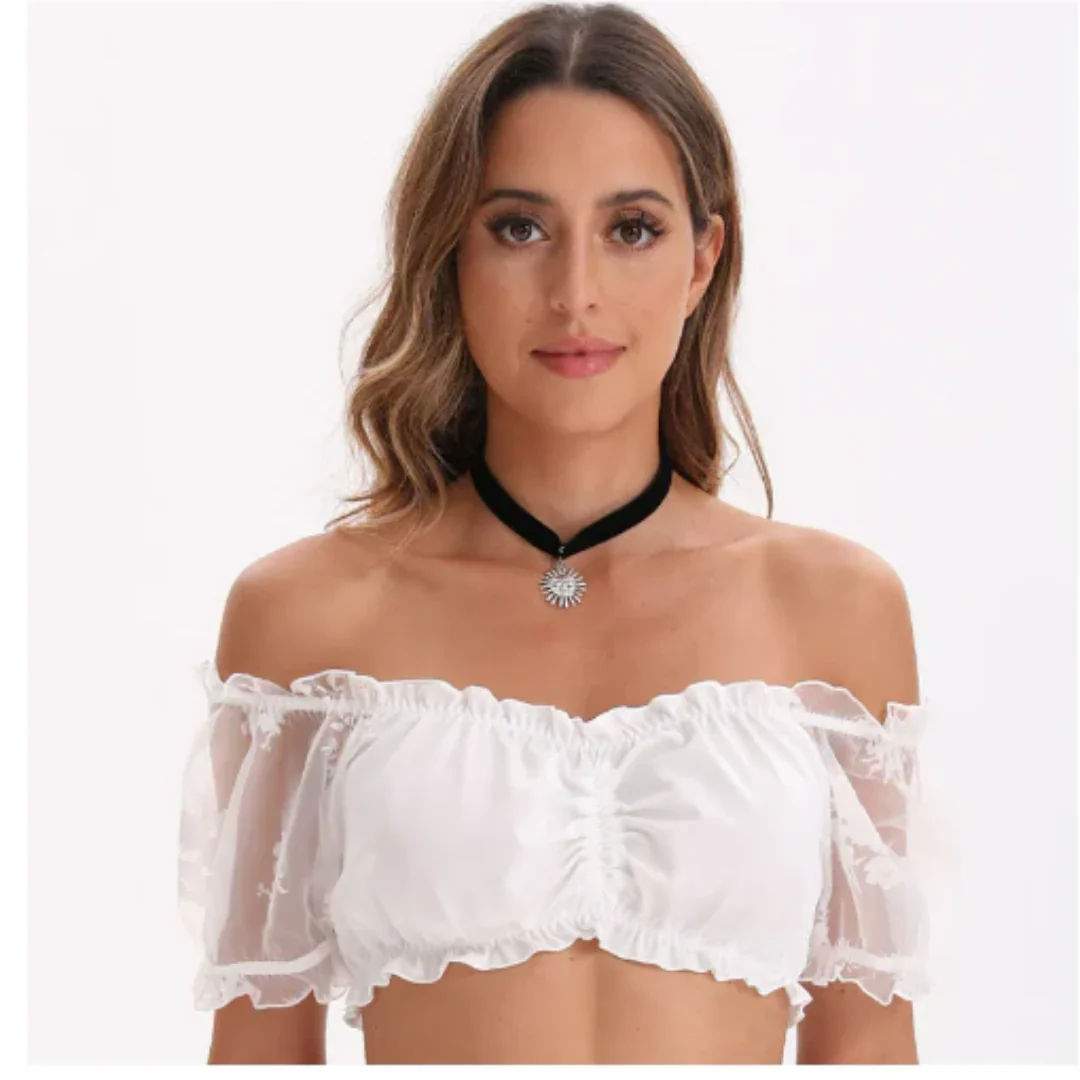 Janice - Blouse courte en dentelle, col V et manches transparentes