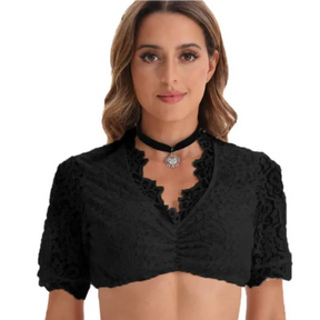 Janice - Blouse courte en dentelle, col V et manches transparentes