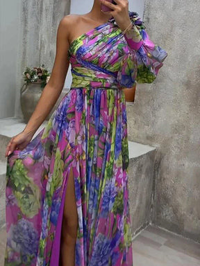 Lilac - Lilas côté impression fente une manche Sexy Maxi Robe