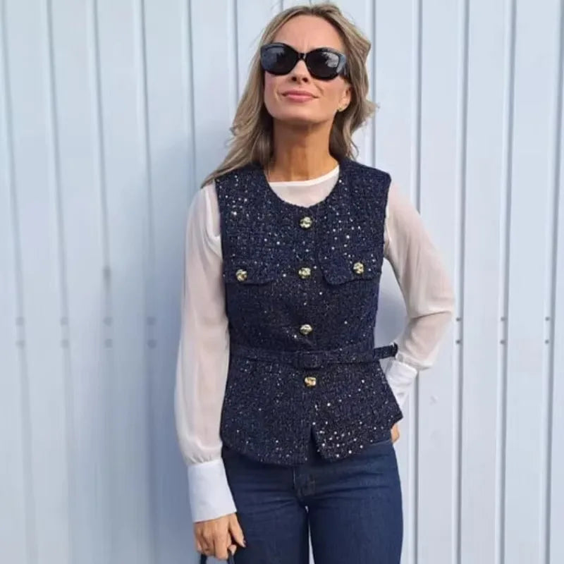 Amélie - Gilet Cintré en Tweed Chic avec Boutons Dorés