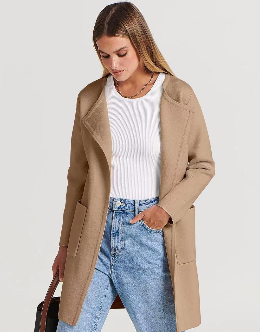 Layla - Cardigan Long Minimaliste avec Poches pour Femme