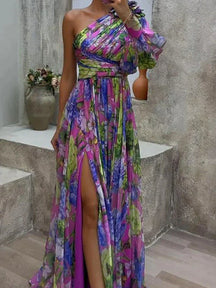 Lilac - Lilas côté impression fente une manche Sexy Maxi Robe
