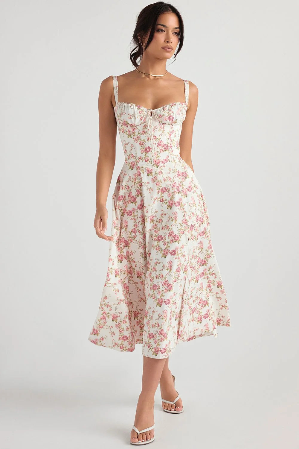 Jonita - Robe midi Romantique à Imprimé Floral et haut Corseté