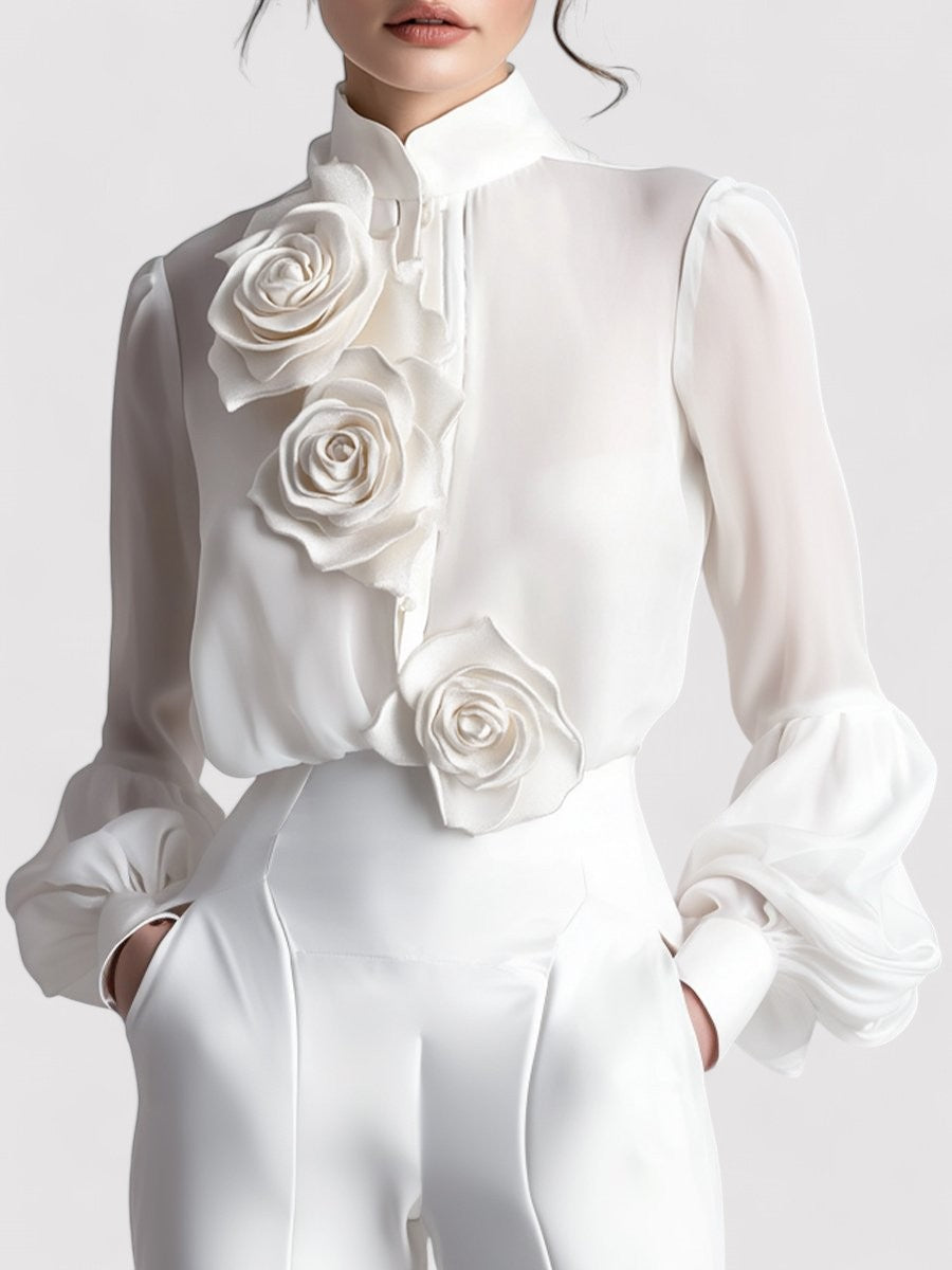 Aurélie – Blouse en mousseline Elégante, ornée de Roses 3D