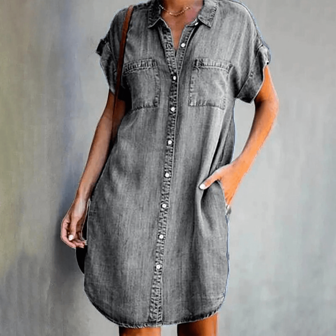 Laurine – Robe chemise en denim, coupe décontractée avec poches et boutons