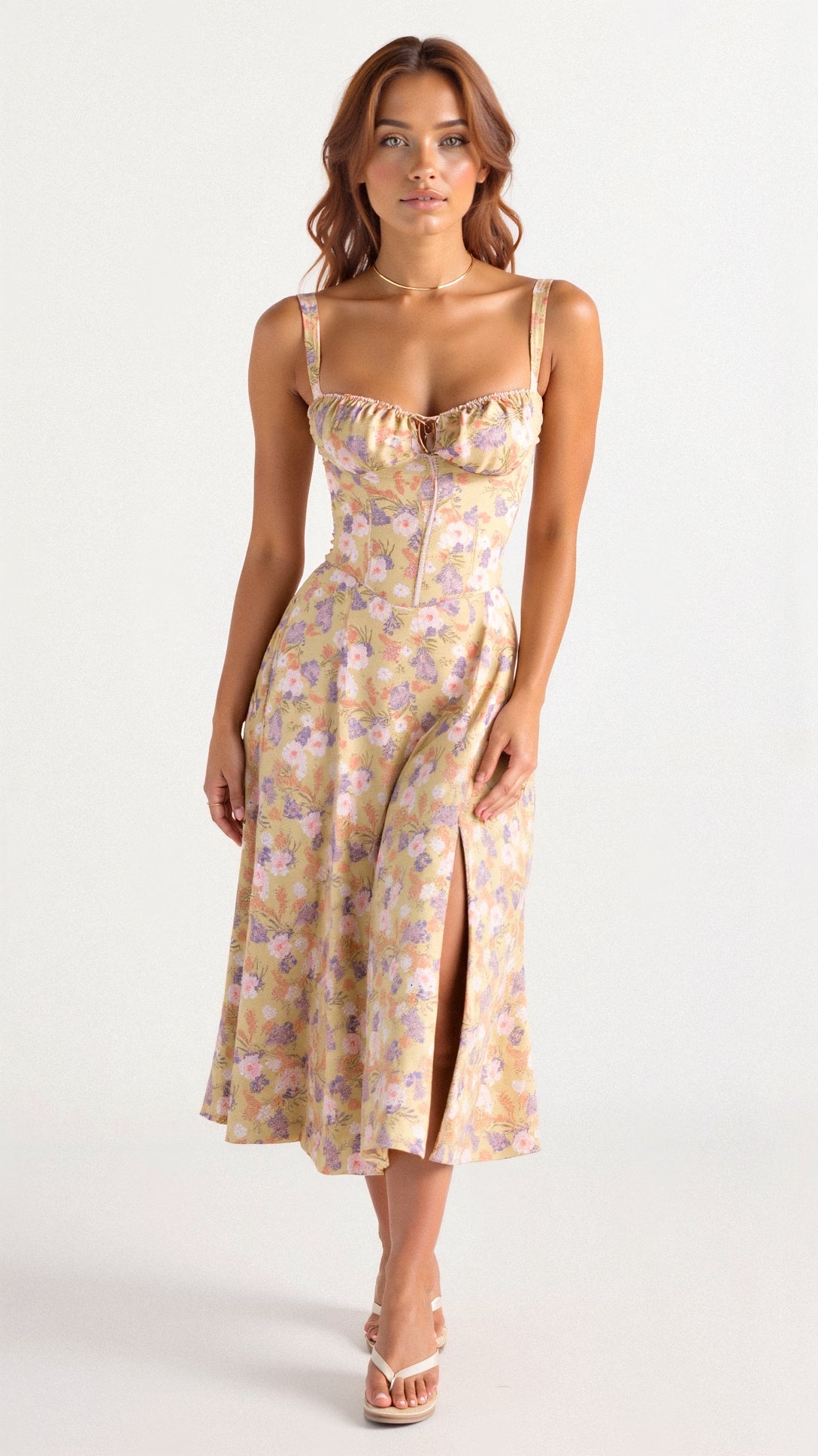 Kiana - Robe Midi à Imprimé Floral avec Corsage Ajusté et Fente Élégante